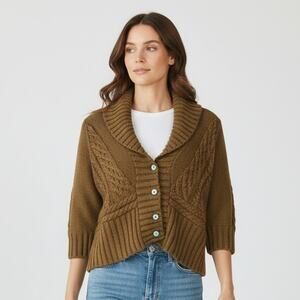 Free People Cardigan Sweater Womens Medium Green Cable Knit Cropped Button Front